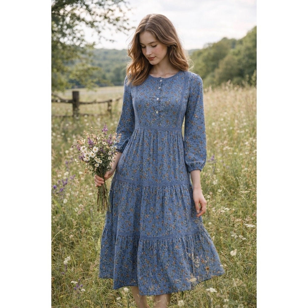 Max Studio Floral Midi Dress Blue Boho Tiered Button Front Long Sleeve XS